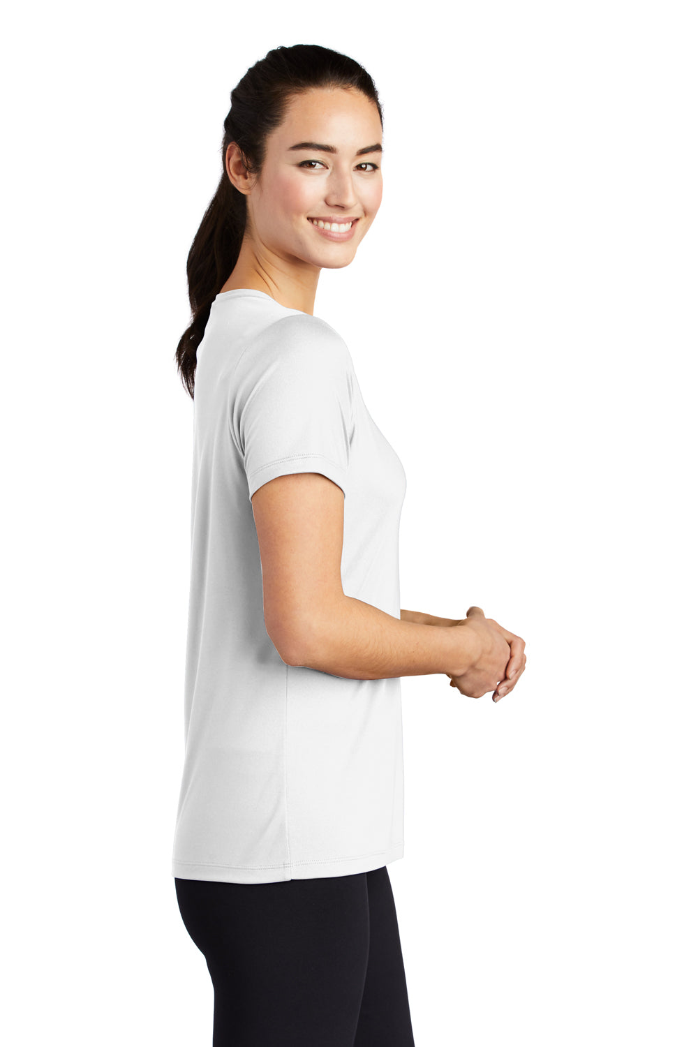 Sport-Tek LST420 Womens Moisture Wicking Short Sleeve Scoop Neck T-Shirt White Model Side