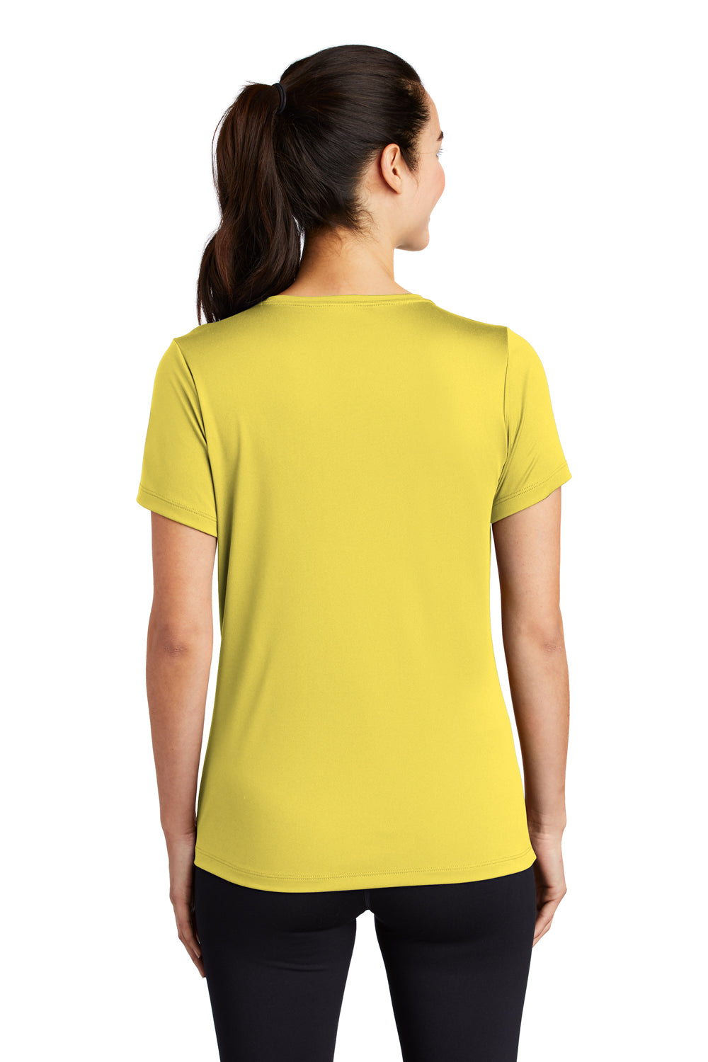 Sport-Tek LST420 Womens Moisture Wicking Short Sleeve Scoop Neck T-Shirt Yellow Model Back