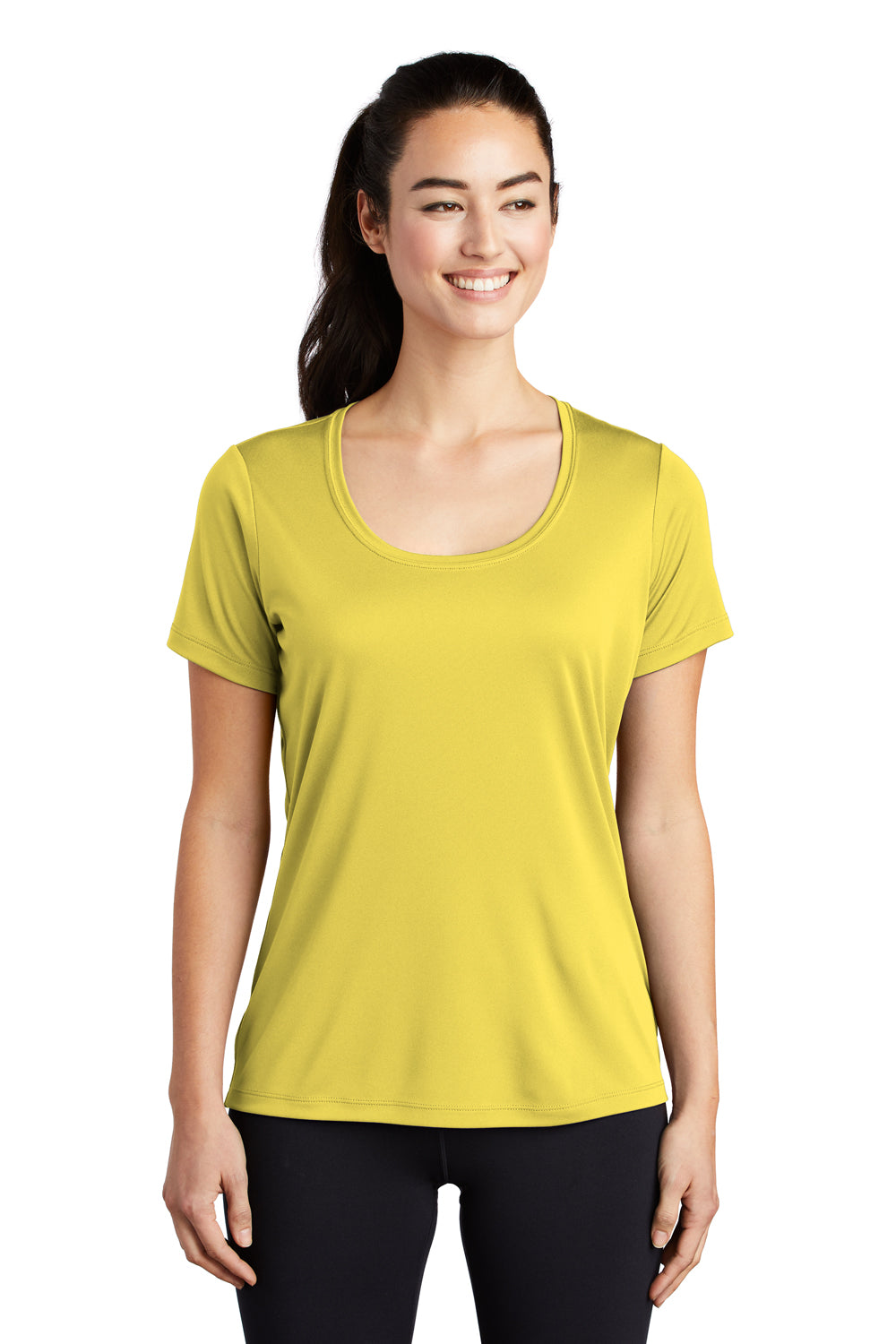 Sport-Tek LST420 Womens Moisture Wicking Short Sleeve Scoop Neck T-Shirt Yellow Model Front