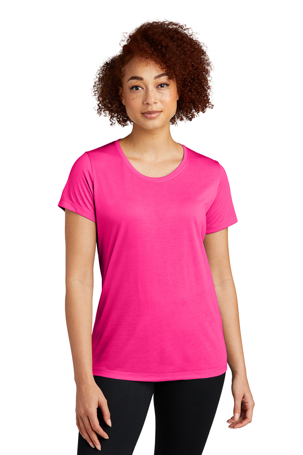 Sport-Tek LST450 Womens Competitor Moisture Wicking Short Sleeve Scoop Neck T-Shirt Neon Pink Model Front