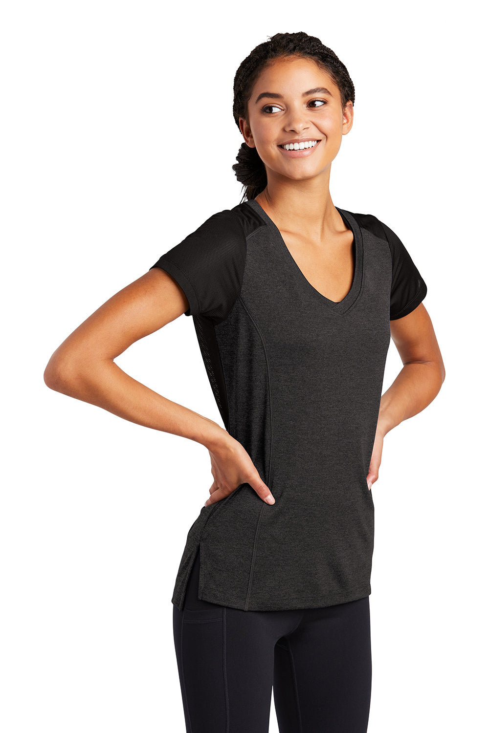 Sport-Tek LST465 Womens Endeavor Moisture Wicking Short Sleeve V-Neck T-Shirt Heather Black/Black Model 3q