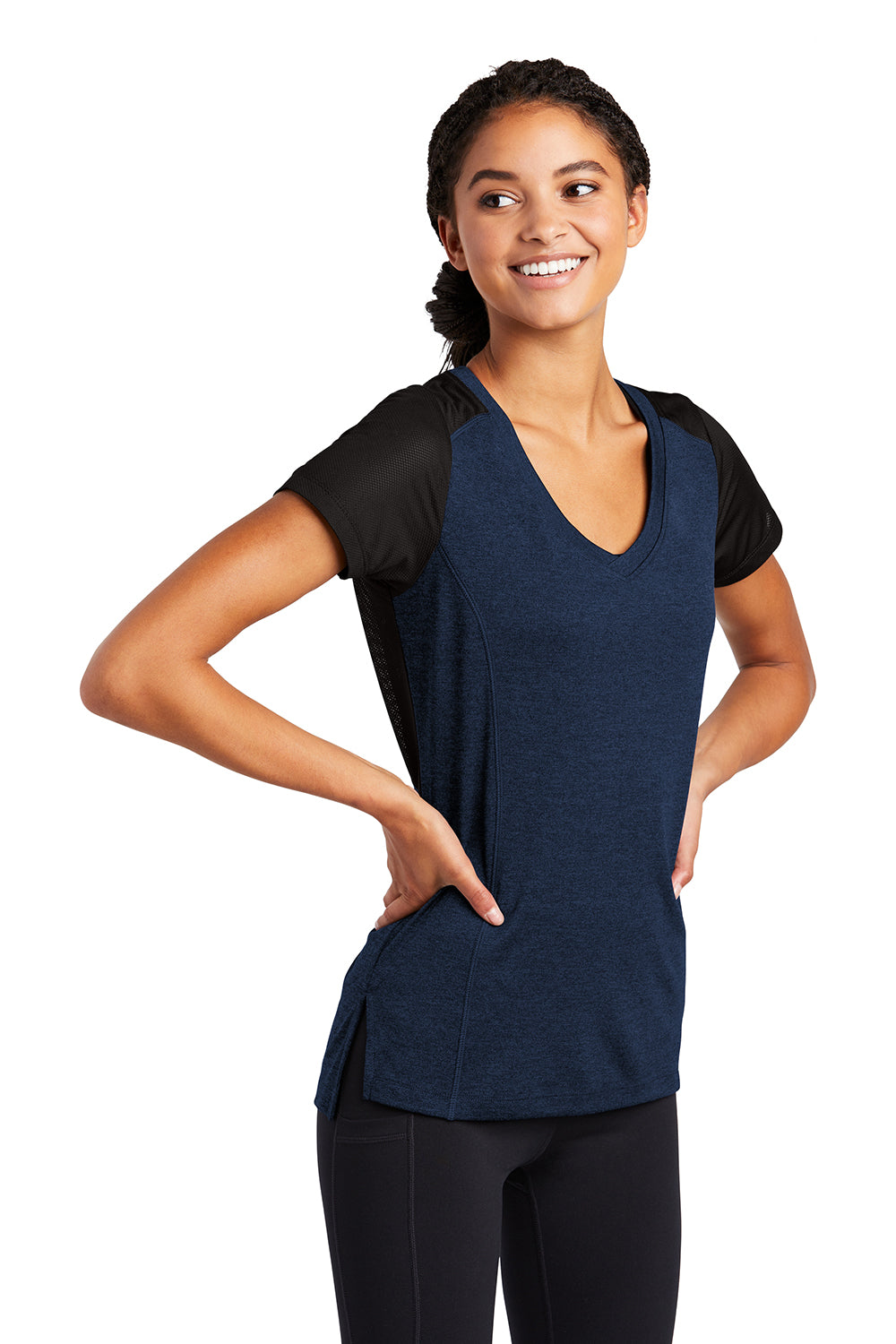 Sport-Tek LST465 Womens Endeavor Moisture Wicking Short Sleeve V-Neck T-Shirt Heather Dark Royal Blue/Black Model 3q