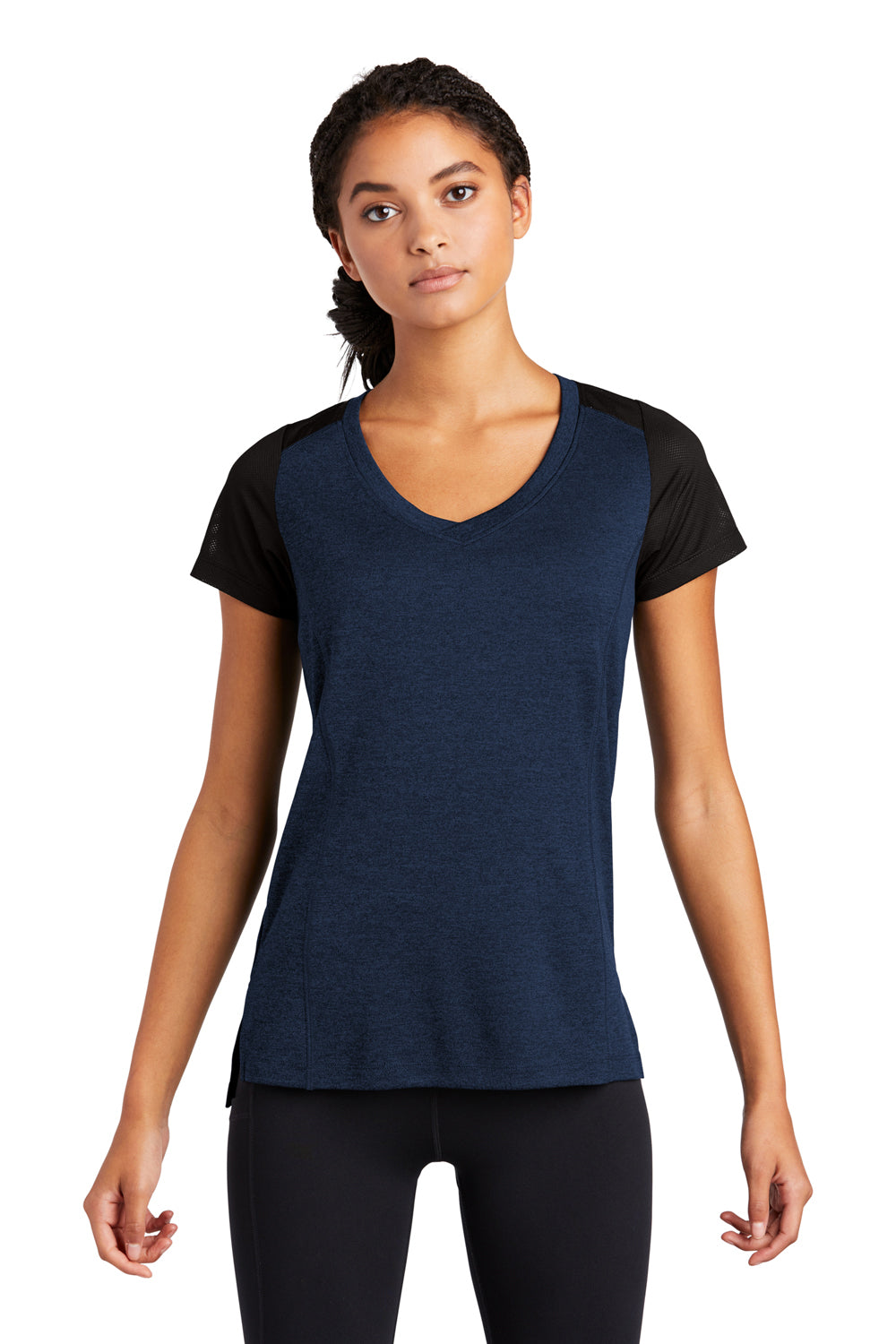 Sport-Tek LST465 Womens Endeavor Moisture Wicking Short Sleeve V-Neck T-Shirt Heather Dark Royal Blue/Black Model Front