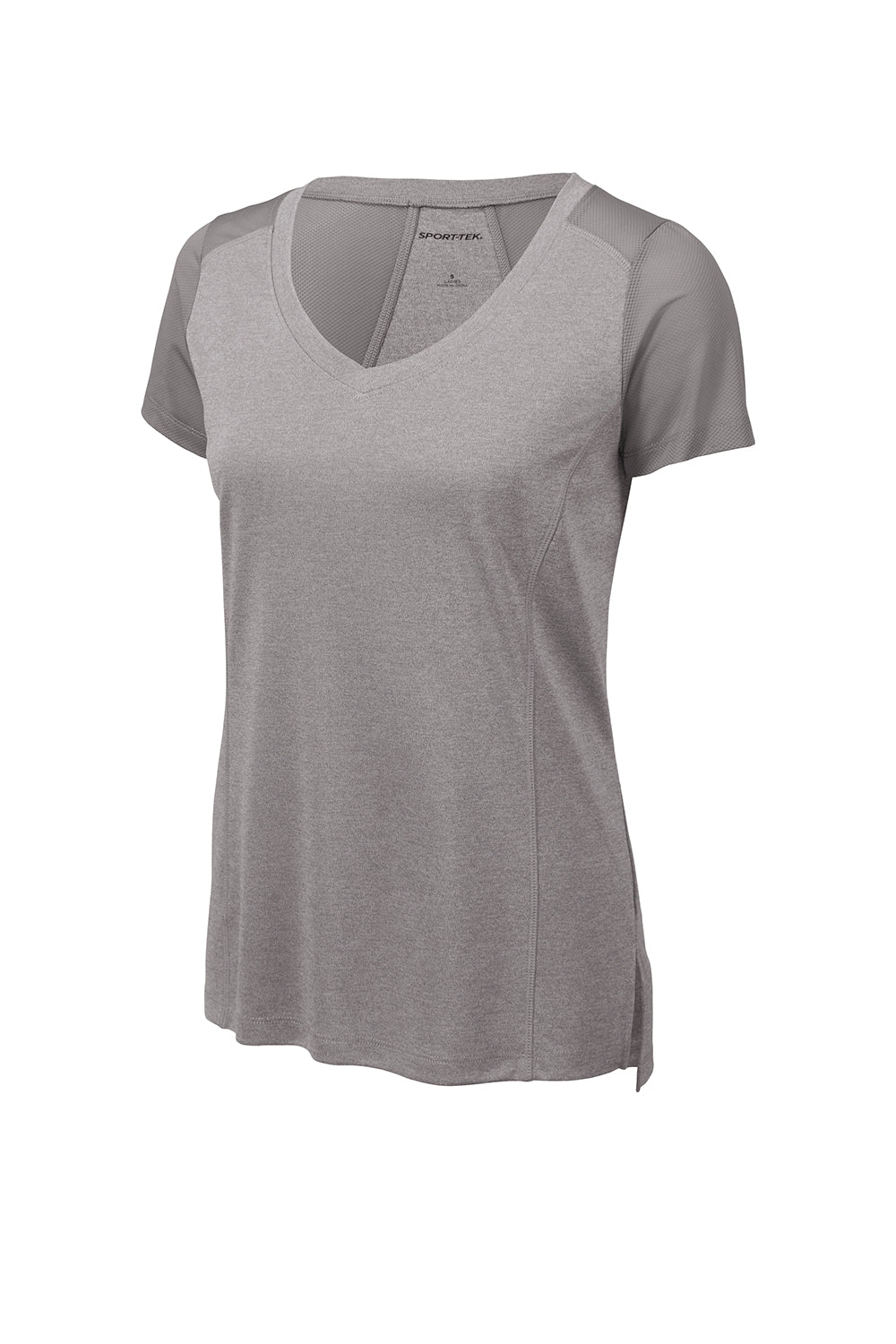 Sport-Tek LST465 Womens Endeavor Moisture Wicking Short Sleeve V-Neck T-Shirt Heather Light Grey/Light Grey Flat Front