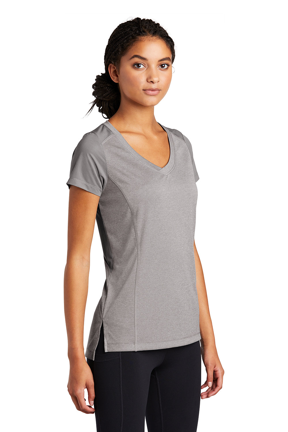 Sport-Tek LST465 Womens Endeavor Moisture Wicking Short Sleeve V-Neck T-Shirt Heather Light Grey/Light Grey Model 3q