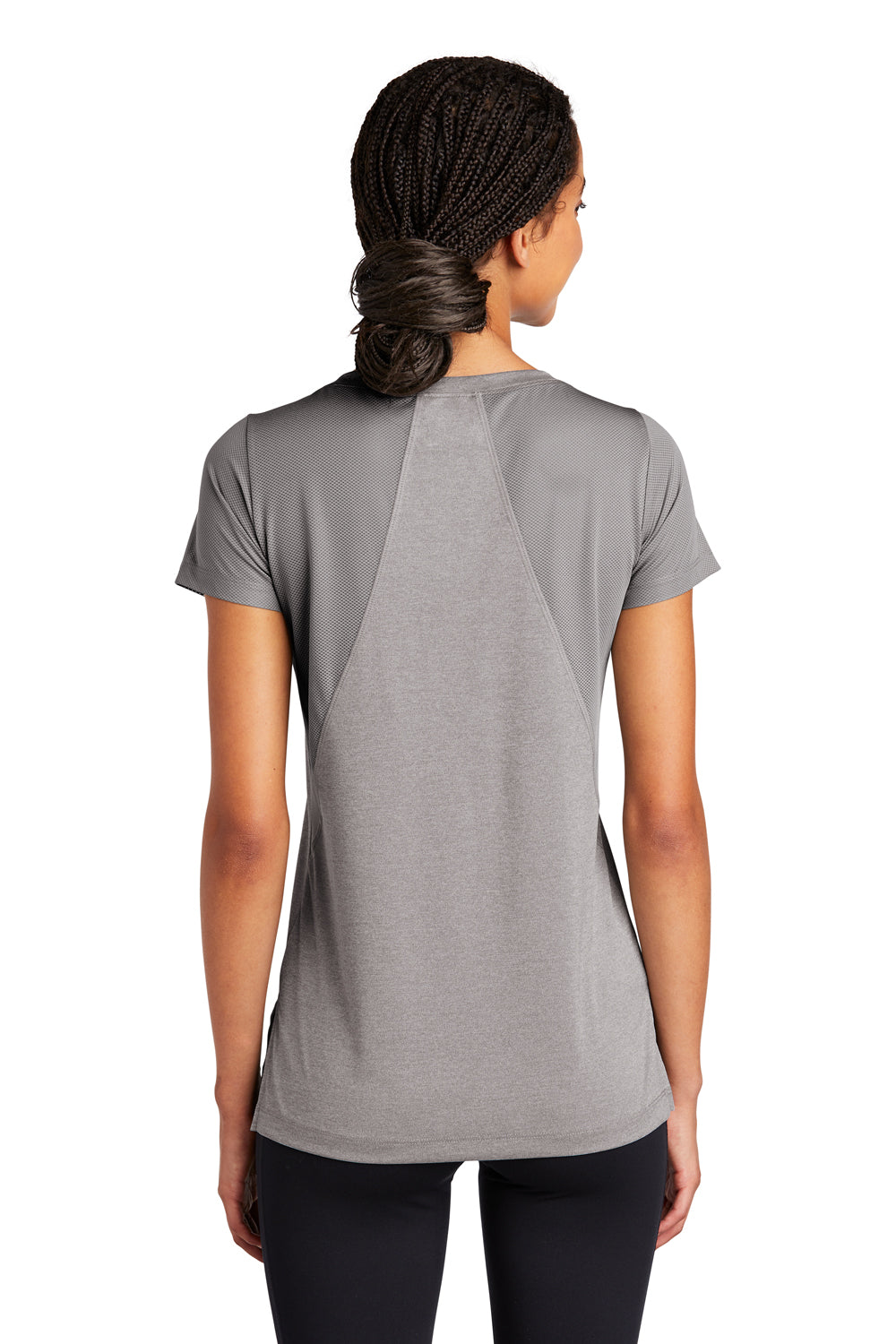 Sport-Tek LST465 Womens Endeavor Moisture Wicking Short Sleeve V-Neck T-Shirt Heather Light Grey/Light Grey Model Back