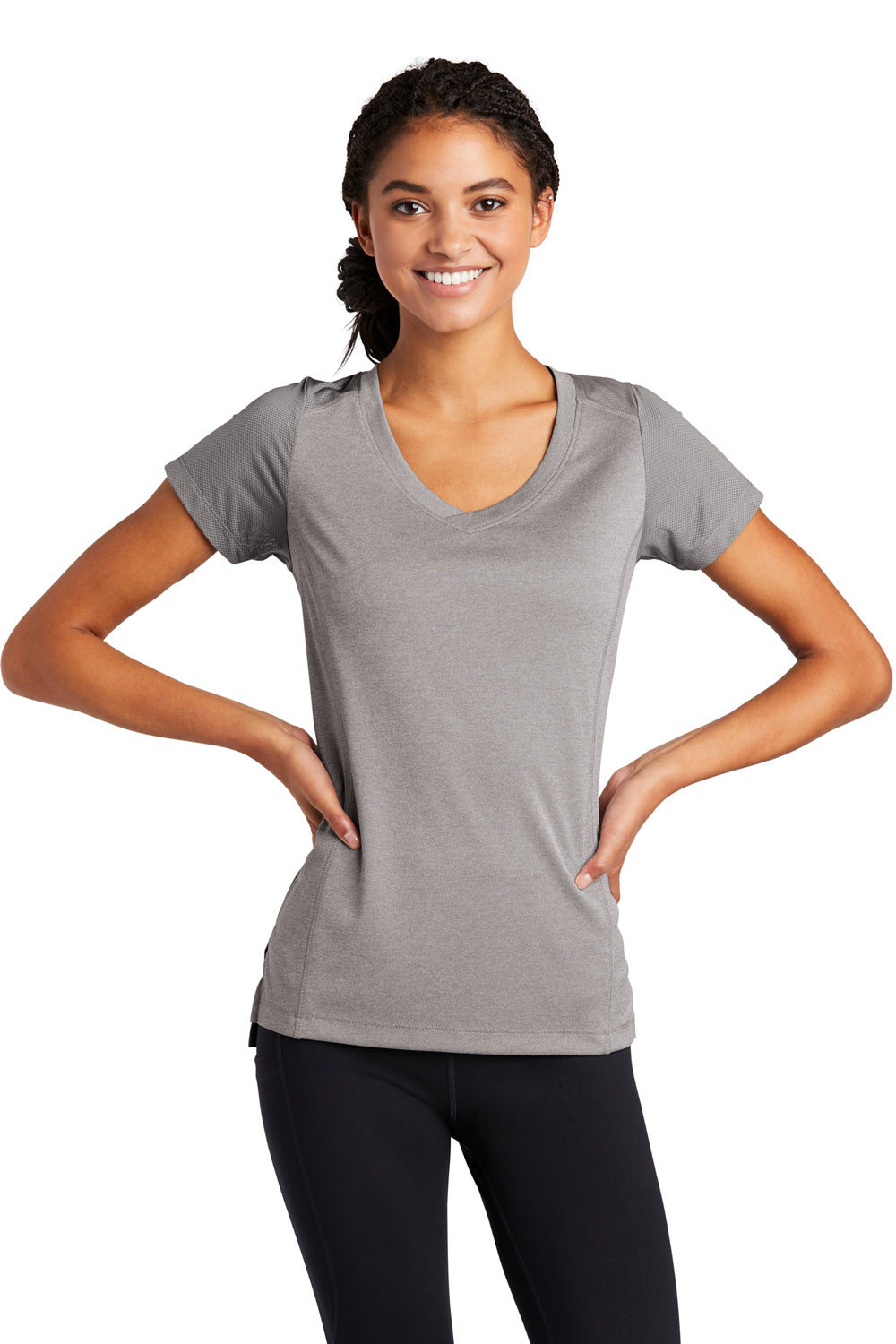 Sport-Tek LST465 Womens Endeavor Moisture Wicking Short Sleeve V-Neck T-Shirt Heather Light Grey/Light Grey Model Front