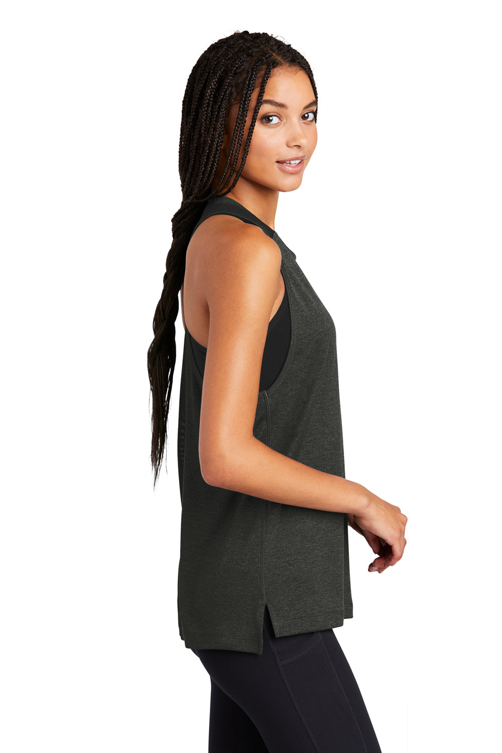 Sport-Tek LST466 Womens Endeavor Moisture Wicking Tank Top Heather Black/Black Model Side