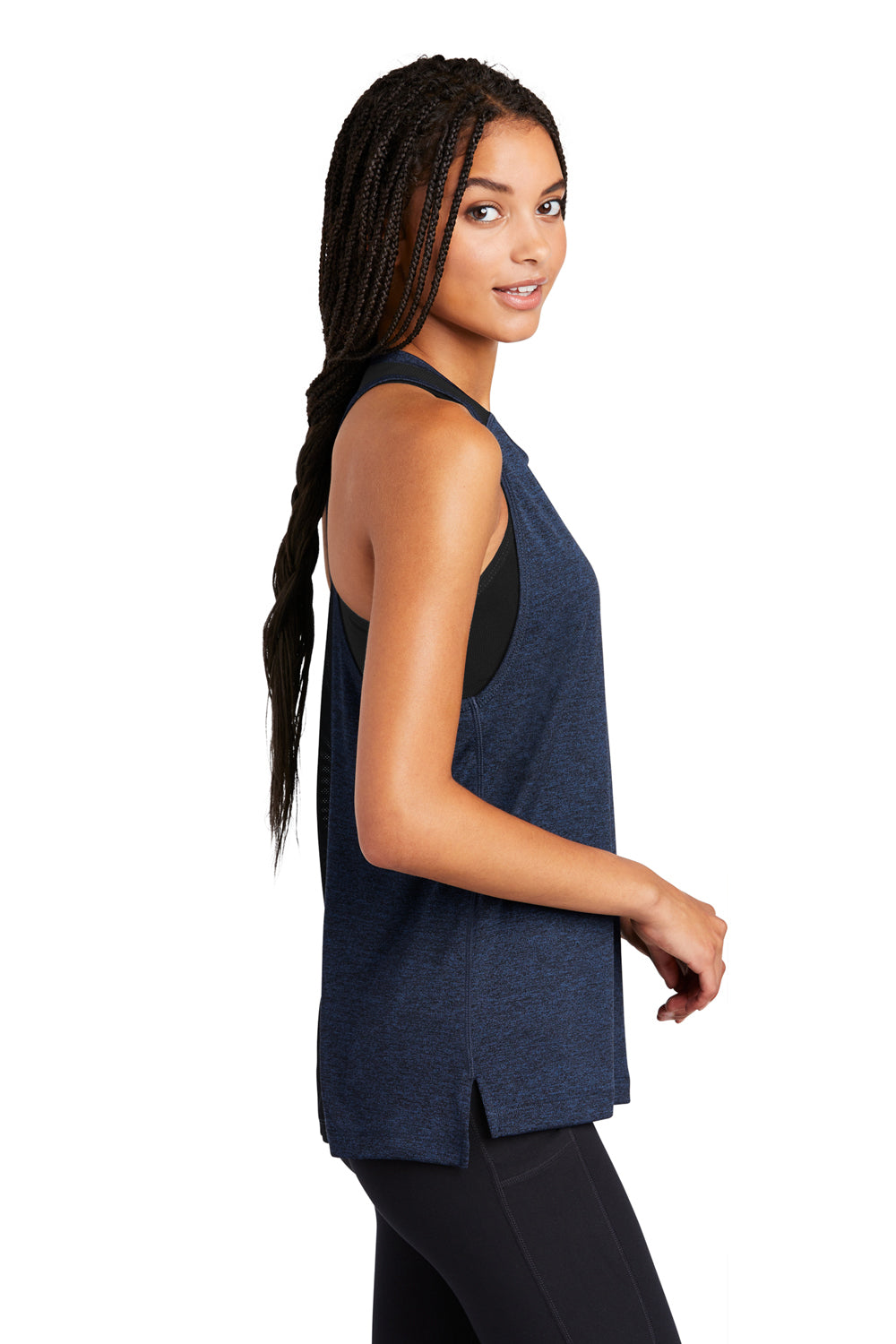 Sport-Tek LST466 Womens Endeavor Moisture Wicking Tank Top Heather Dark Royal Blue/Black Model Side