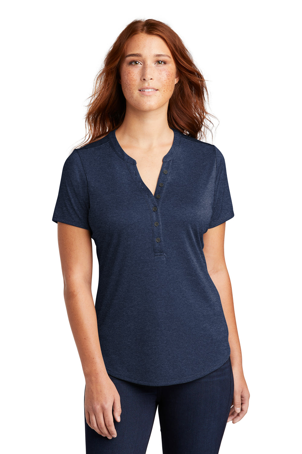 Sport-Tek LST468 Womens Endeavor Moisture Wicking Short Sleeve Polo Shirt Heather Dark Royal Blue Model Front