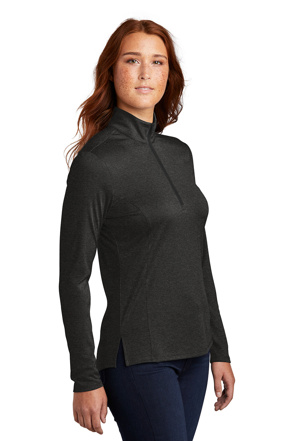 Sport-Tek LST469 Womens Endeavor Moisture Wicking 1/4 Zip Sweatshirt Heather Black Model 3q