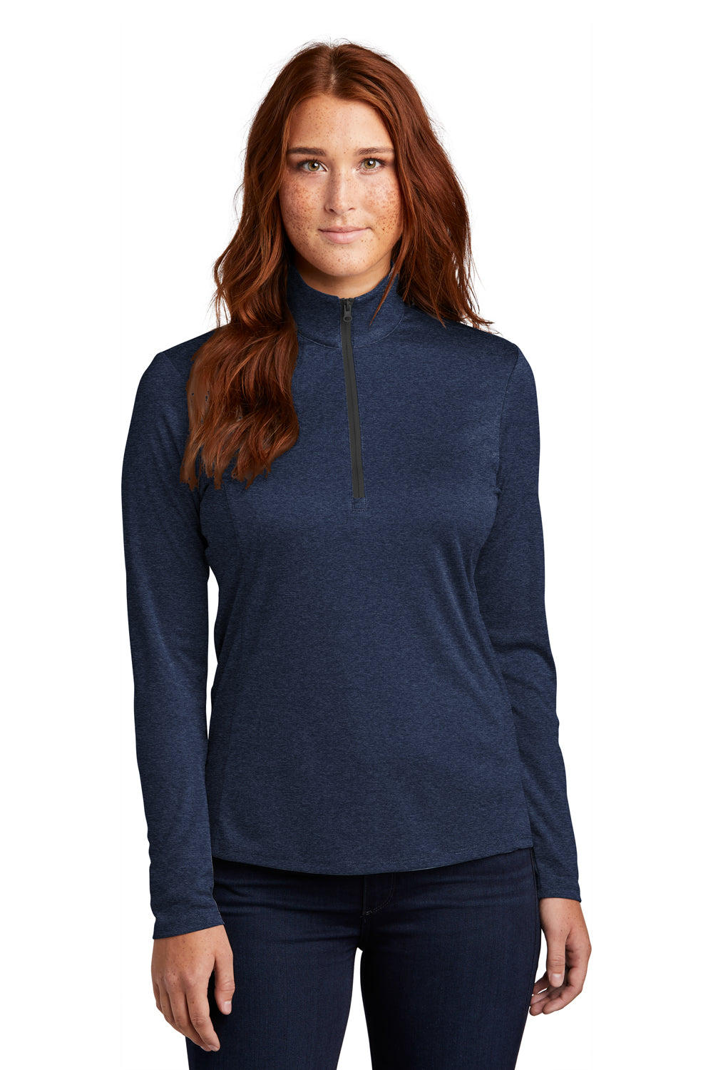 Sport-Tek LST469 Womens Endeavor Moisture Wicking 1/4 Zip Sweatshirt Heather Dark Royal Blue Model Front