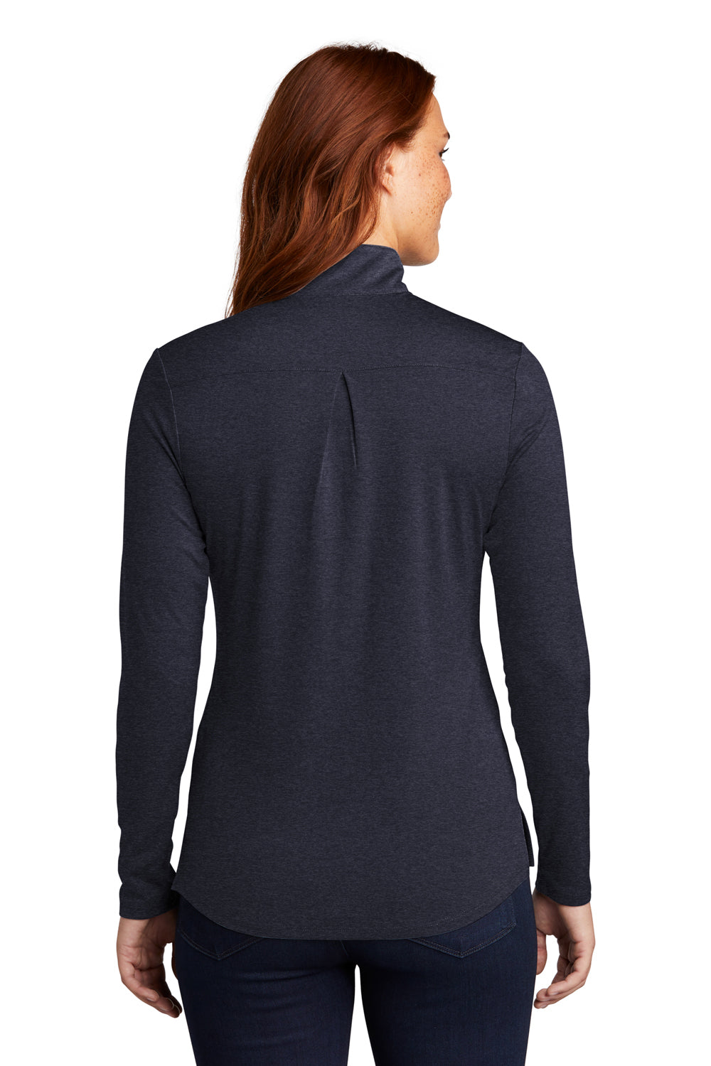 Sport-Tek LST469 Womens Endeavor Moisture Wicking 1/4 Zip Sweatshirt Heather Deep Navy Blue Model Back