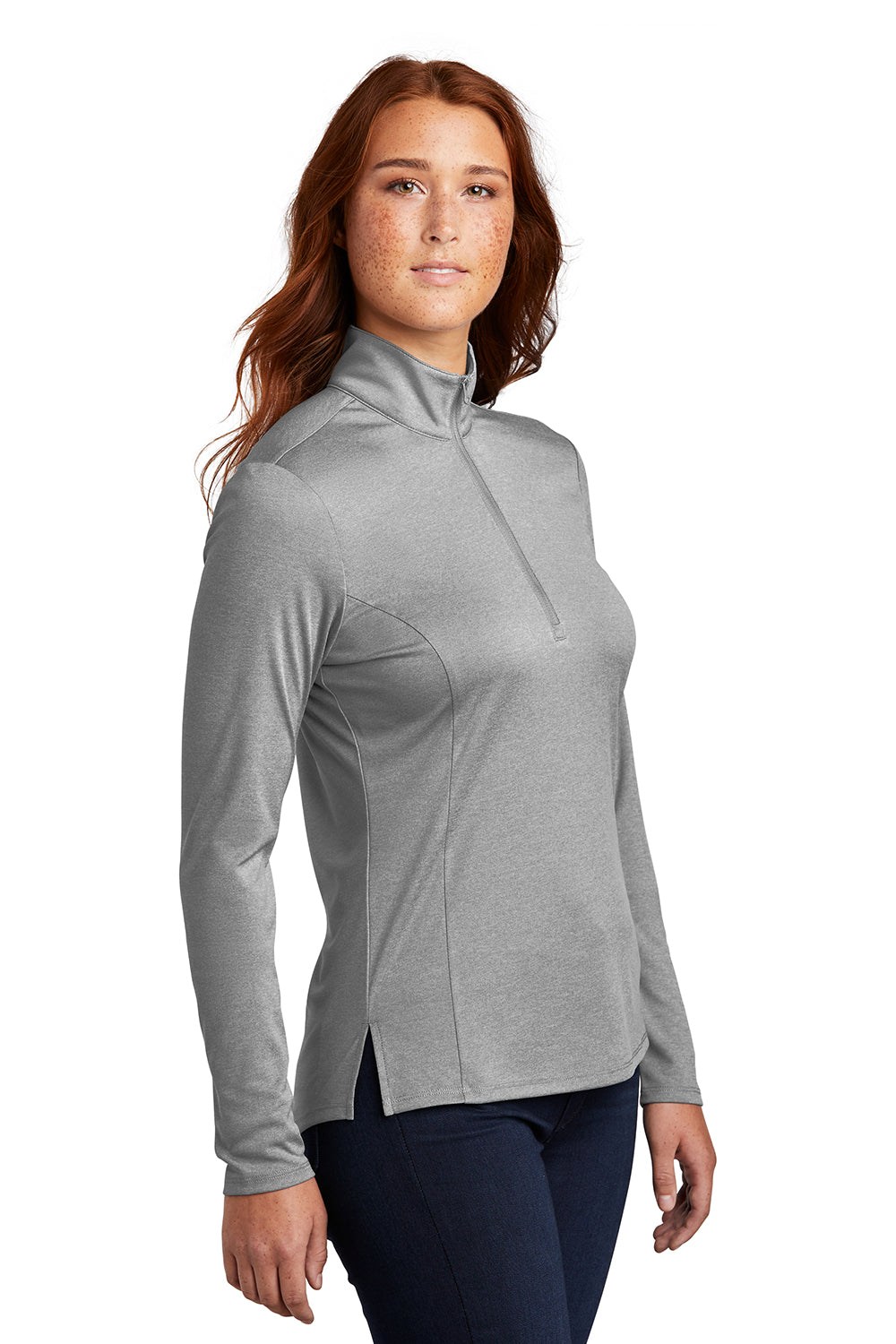 Sport-Tek LST469 Womens Endeavor Moisture Wicking 1/4 Zip Sweatshirt Heather Light Grey Model 3q