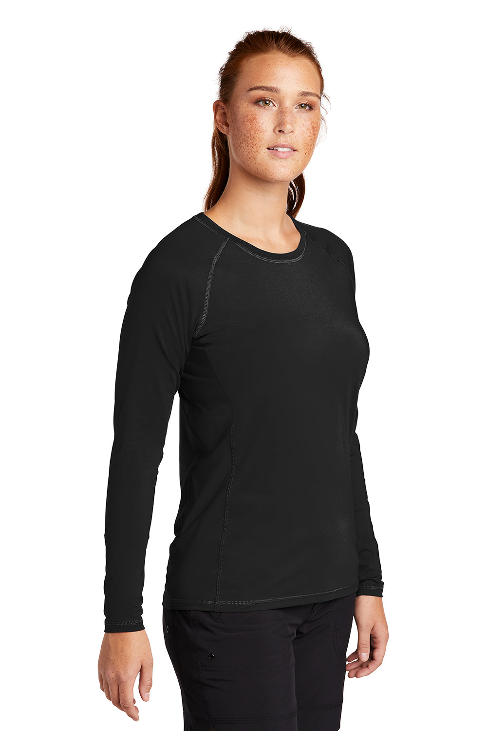 Sport-Tek LST470LS Womens Rashguard Moisture Wicking Long Sleeve Crewneck T-Shirt Black Model 3q