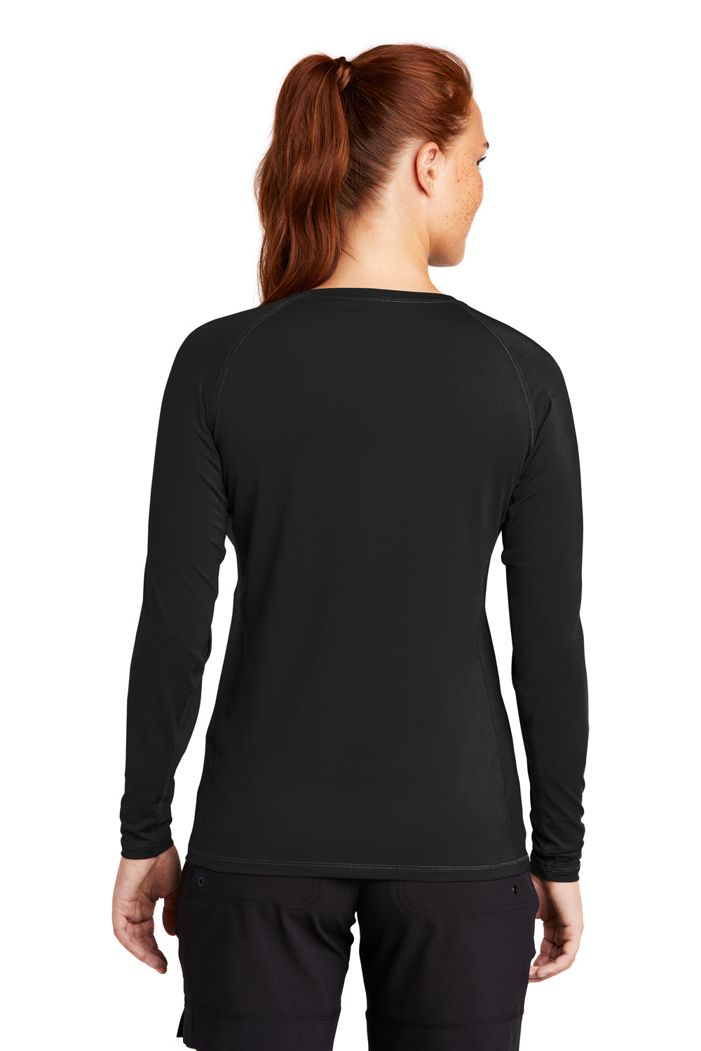 Sport-Tek LST470LS Womens Rashguard Moisture Wicking Long Sleeve Crewneck T-Shirt Black Model Back