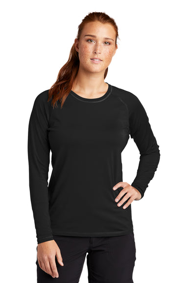 Sport-Tek LST470LS Womens Rashguard Moisture Wicking Long Sleeve Crewneck T-Shirt Black Model Front