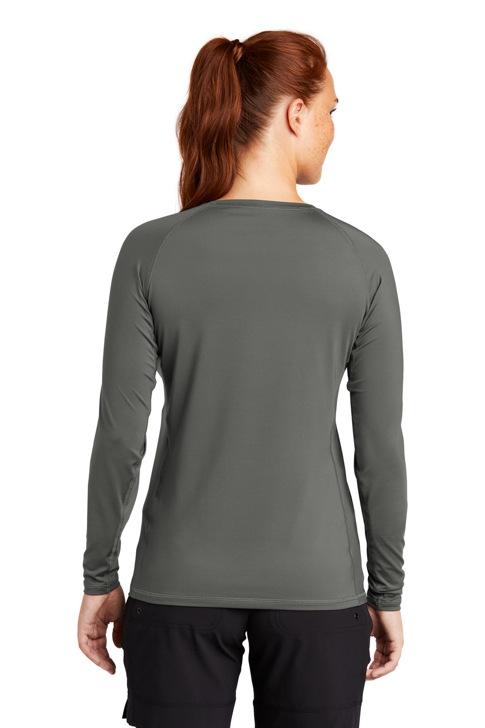 Sport-Tek LST470LS Womens Rashguard Moisture Wicking Long Sleeve Crewneck T-Shirt Dark Smoke Grey Model Back