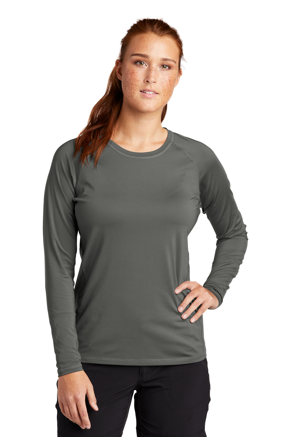 Sport-Tek LST470LS Womens Rashguard Moisture Wicking Long Sleeve Crewneck T-Shirt Dark Smoke Grey Model Front