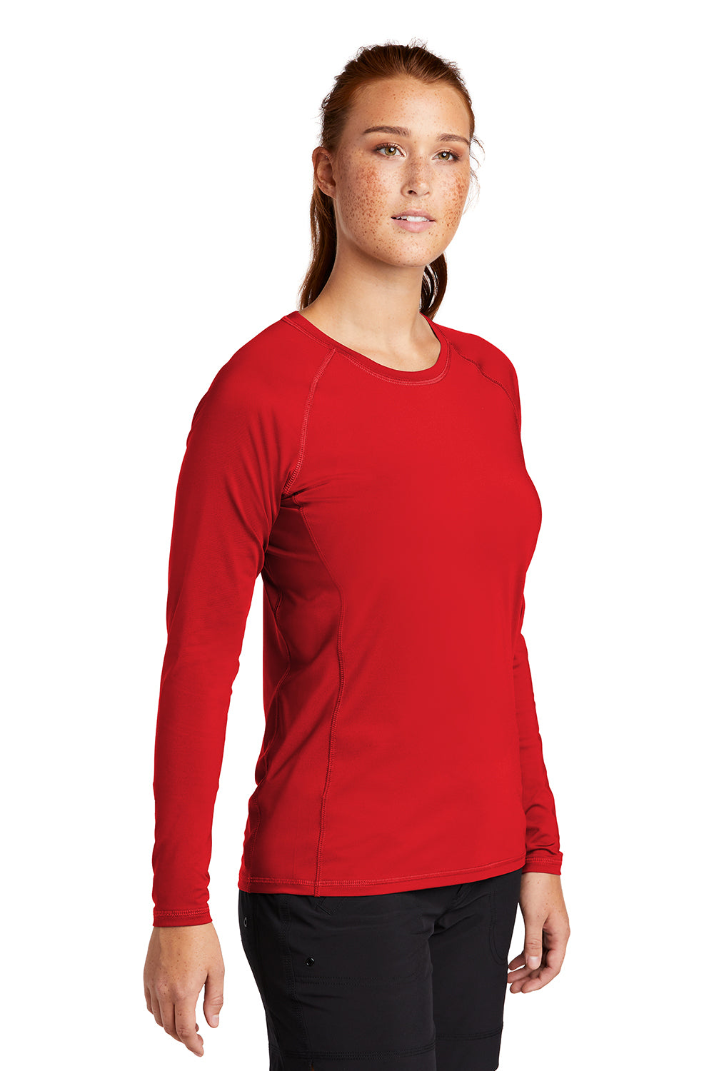 Sport-Tek LST470LS Womens Rashguard Moisture Wicking Long Sleeve Crewneck T-Shirt True Red Model 3q