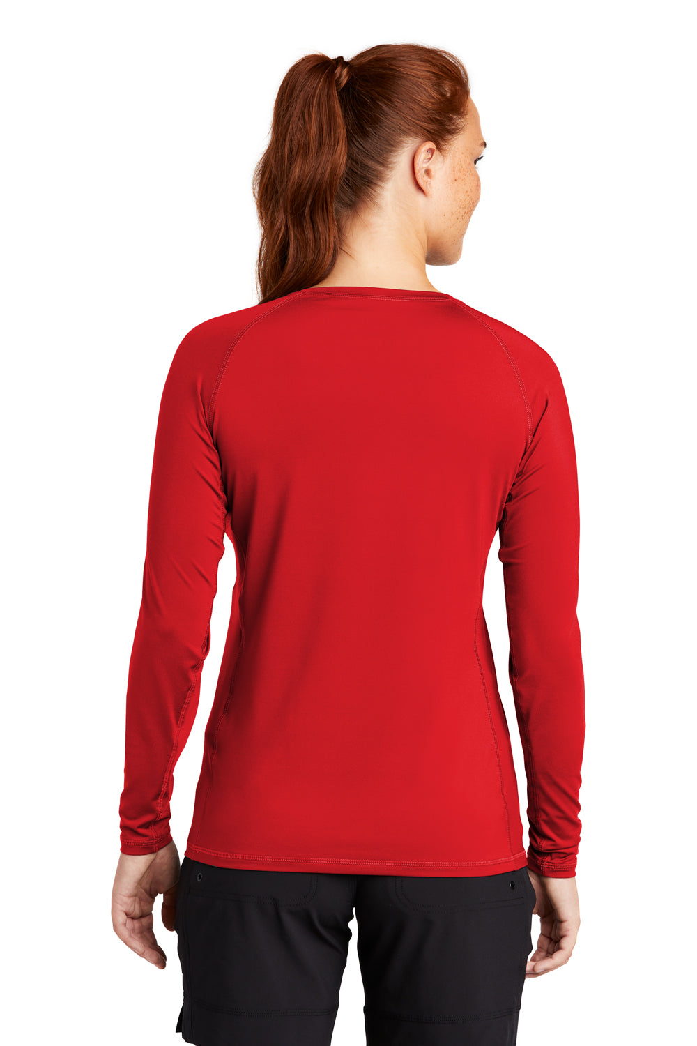 Sport-Tek LST470LS Womens Rashguard Moisture Wicking Long Sleeve Crewneck T-Shirt True Red Model Back