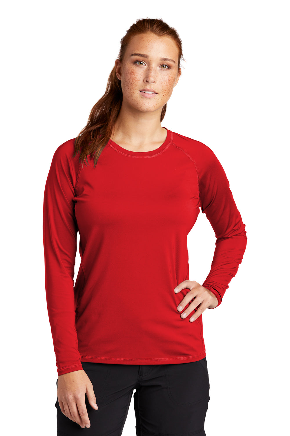 Sport-Tek LST470LS Womens Rashguard Moisture Wicking Long Sleeve Crewneck T-Shirt True Red Model Front