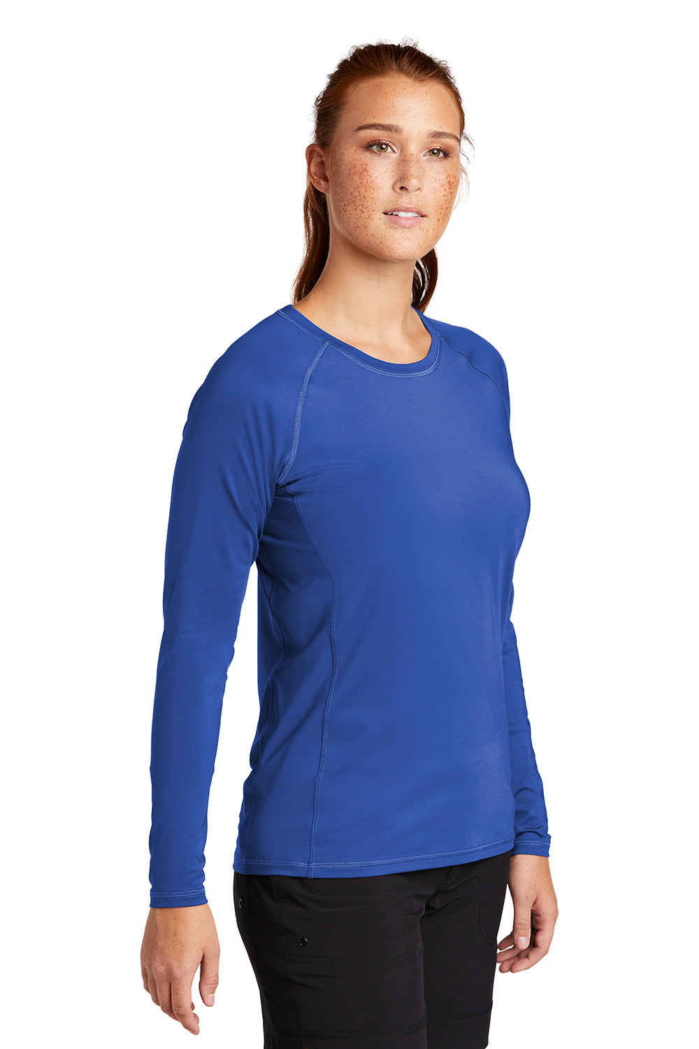 Sport-Tek LST470LS Womens Rashguard Moisture Wicking Long Sleeve Crewneck T-Shirt True Royal Blue Model 3q