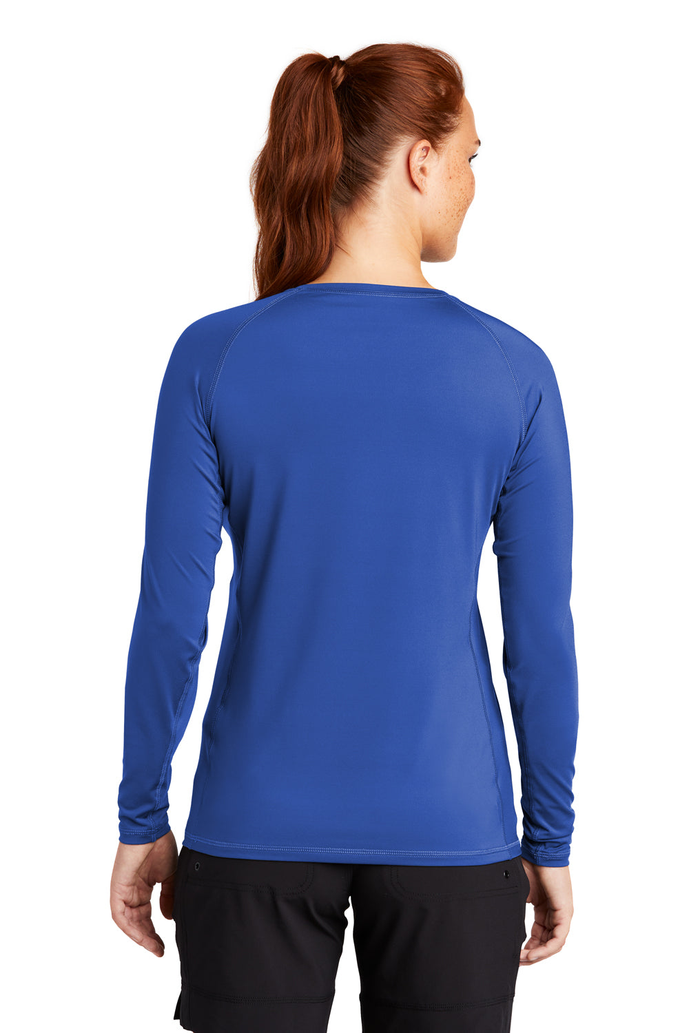 Sport-Tek LST470LS Womens Rashguard Moisture Wicking Long Sleeve Crewneck T-Shirt True Royal Blue Model Back