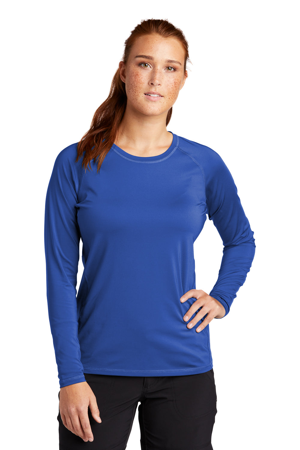 Sport-Tek LST470LS Womens Rashguard Moisture Wicking Long Sleeve Crewneck T-Shirt True Royal Blue Model Front