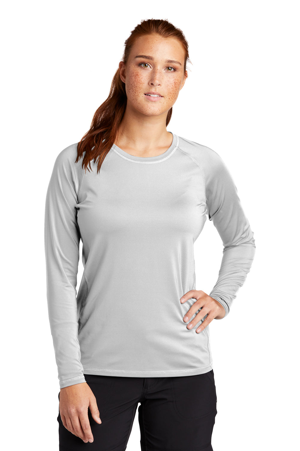 Sport-Tek LST470LS Womens Rashguard Moisture Wicking Long Sleeve Crewneck T-Shirt White Model Front