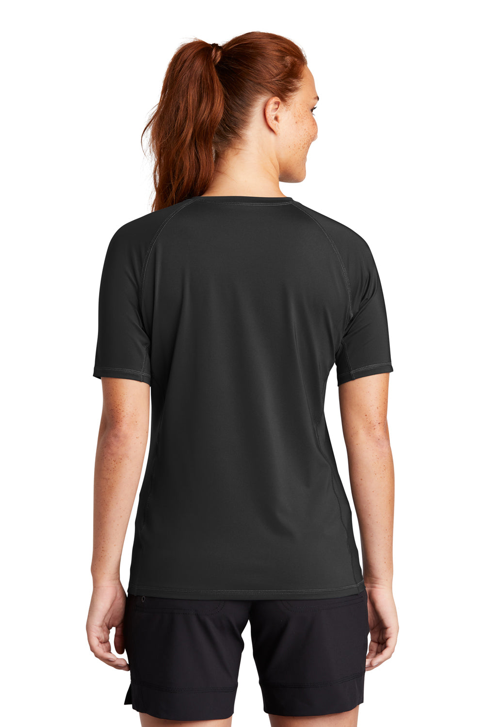 Sport-Tek LST470 Womens Rashguard Moisture Wicking Short Sleeve Crewneck T-Shirt Black Model Back