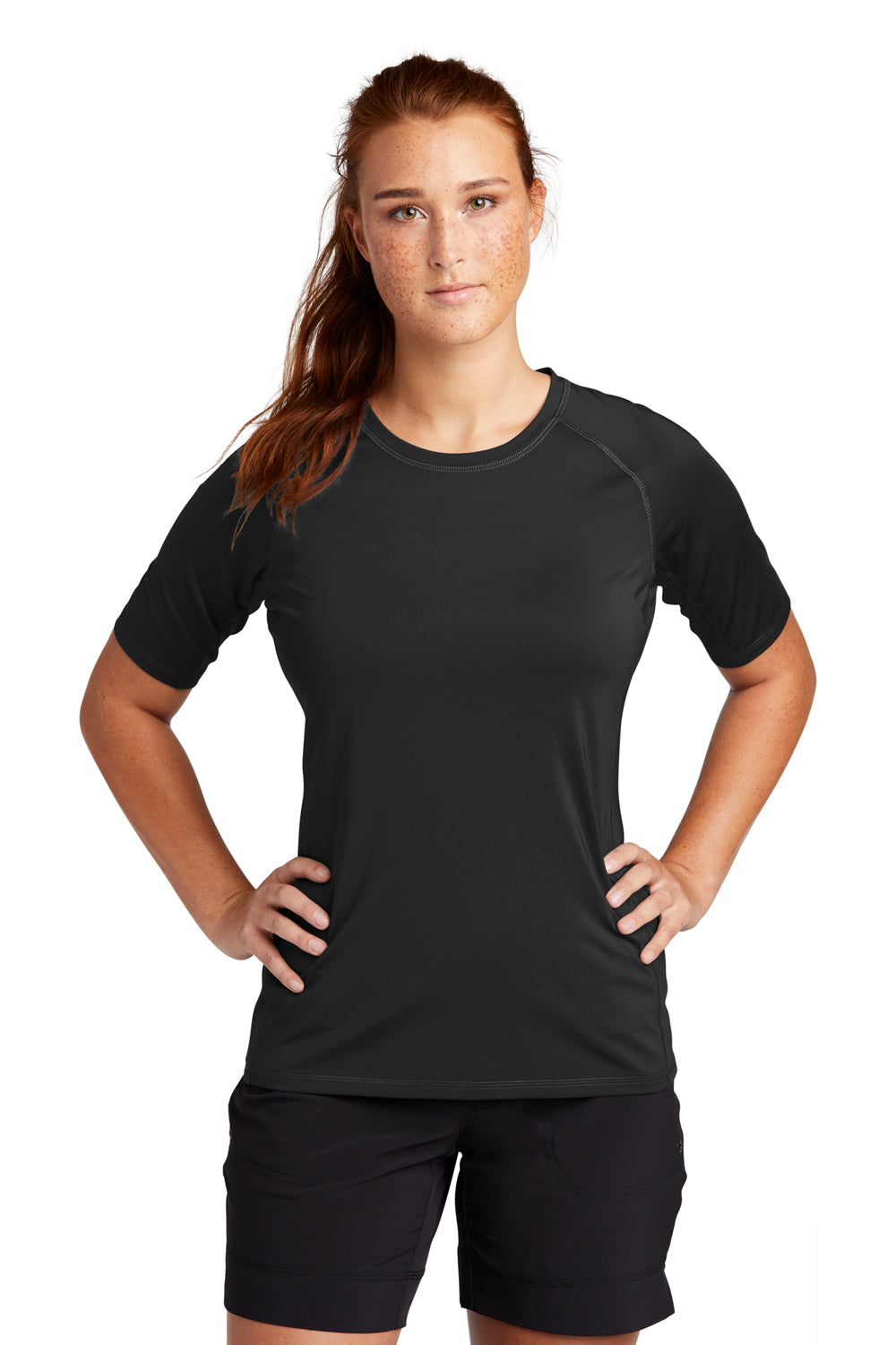 Sport-Tek LST470 Womens Rashguard Moisture Wicking Short Sleeve Crewneck T-Shirt Black Model Front