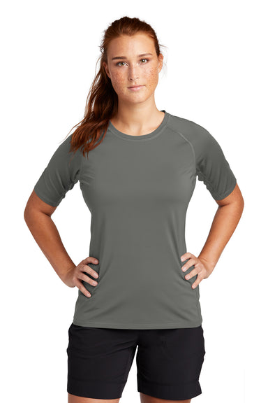 Sport-Tek LST470 Womens Rashguard Moisture Wicking Short Sleeve Crewneck T-Shirt Dark Smoke Grey Model Front