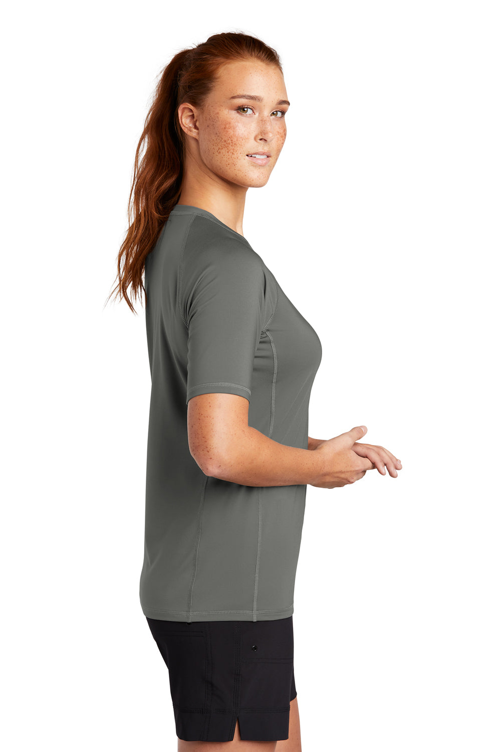 Sport-Tek LST470 Womens Rashguard Moisture Wicking Short Sleeve Crewneck T-Shirt Dark Smoke Grey Model Side