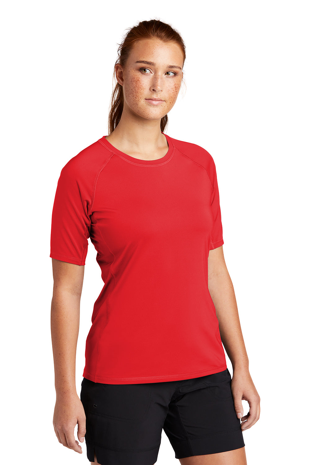 Sport-Tek LST470 Womens Rashguard Moisture Wicking Short Sleeve Crewneck T-Shirt True Red Model 3q