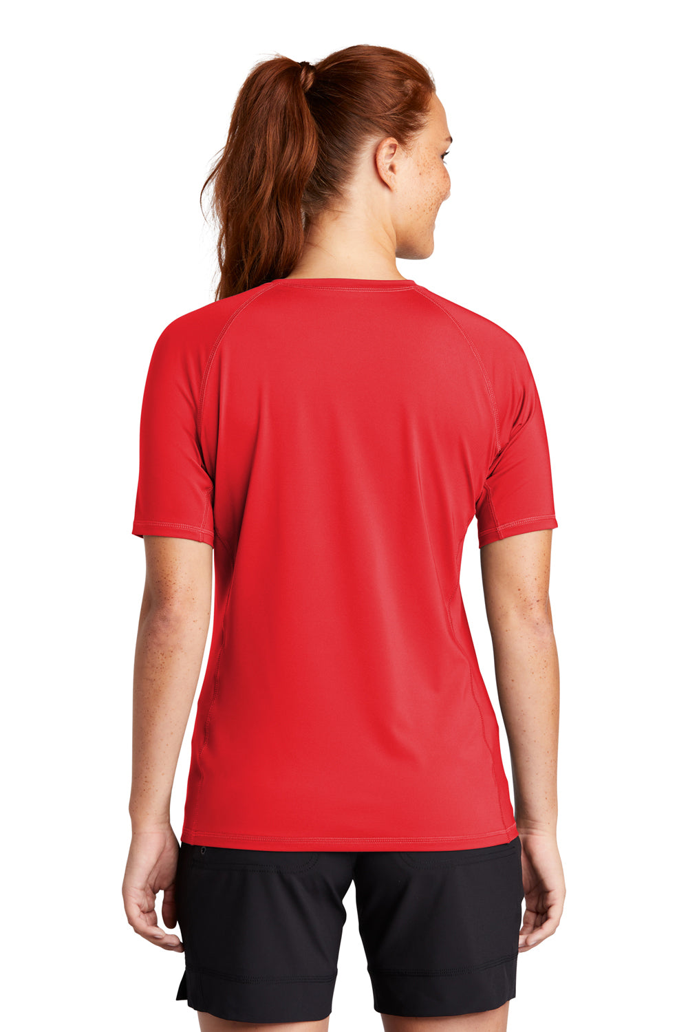 Sport-Tek LST470 Womens Rashguard Moisture Wicking Short Sleeve Crewneck T-Shirt True Red Model Back