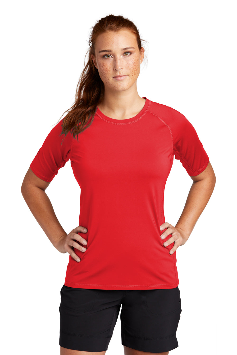 Sport-Tek LST470 Womens Rashguard Moisture Wicking Short Sleeve Crewneck T-Shirt True Red Model Front