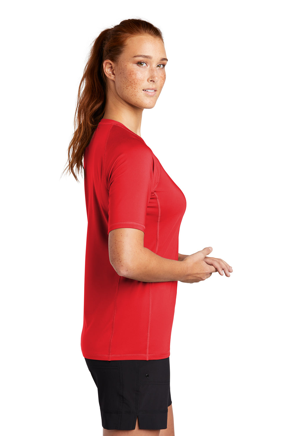 Sport-Tek LST470 Womens Rashguard Moisture Wicking Short Sleeve Crewneck T-Shirt True Red Model Side