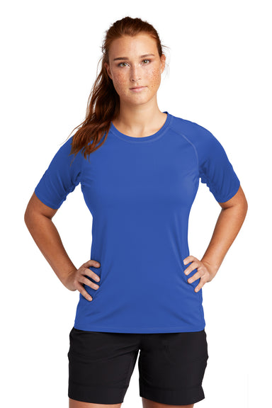 Sport-Tek LST470 Womens Rashguard Moisture Wicking Short Sleeve Crewneck T-Shirt True Royal Blue Model Front