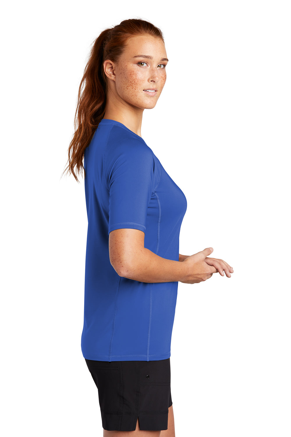 Sport-Tek LST470 Womens Rashguard Moisture Wicking Short Sleeve Crewneck T-Shirt True Royal Blue Model Side