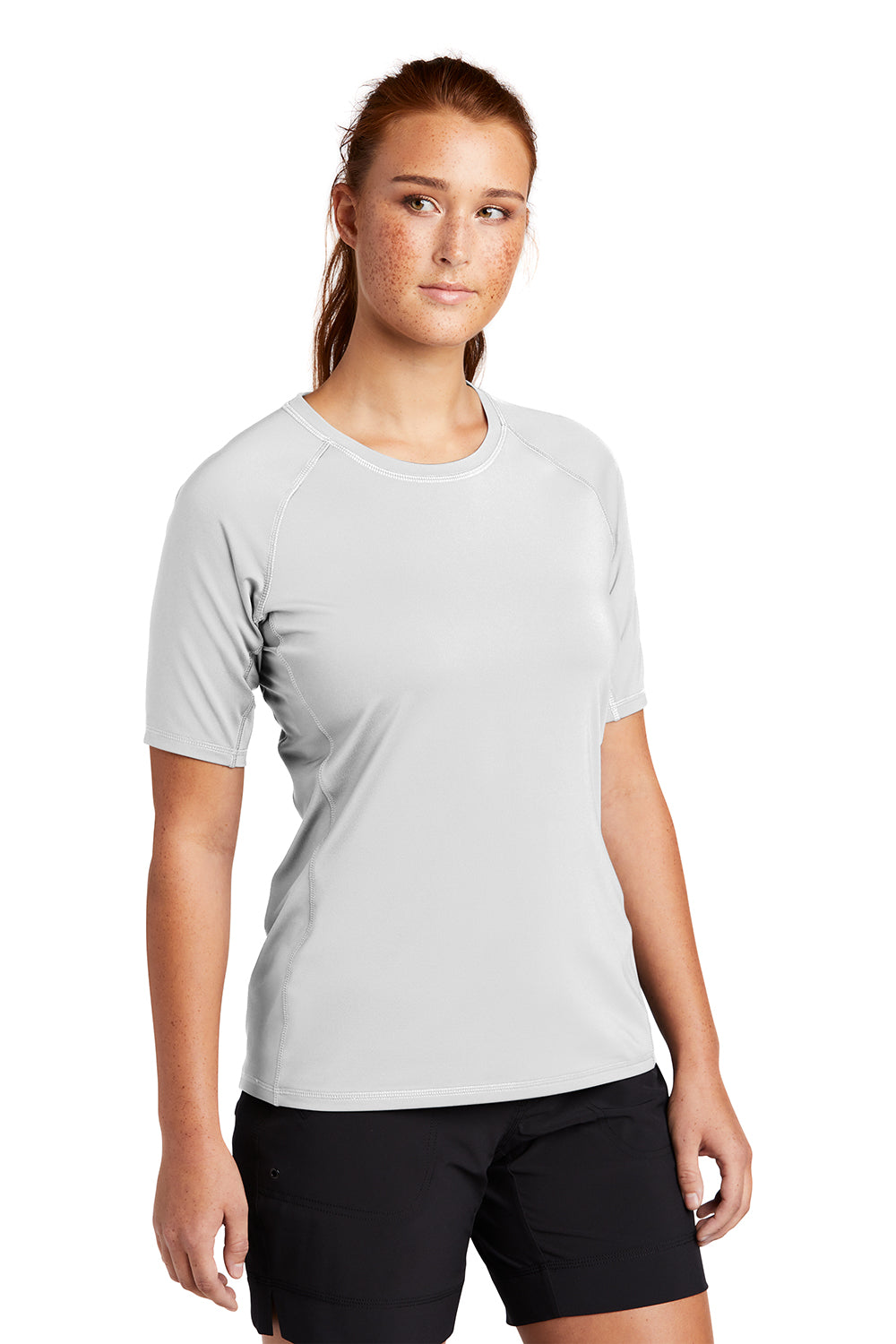 Sport-Tek LST470 Womens Rashguard Moisture Wicking Short Sleeve Crewneck T-Shirt White Model 3q