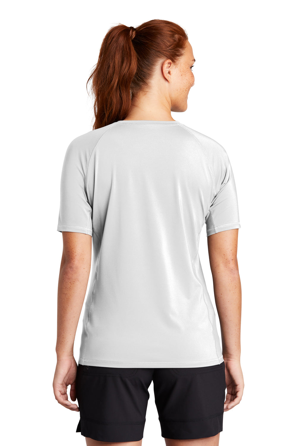 Sport-Tek LST470 Womens Rashguard Moisture Wicking Short Sleeve Crewneck T-Shirt White Model Back