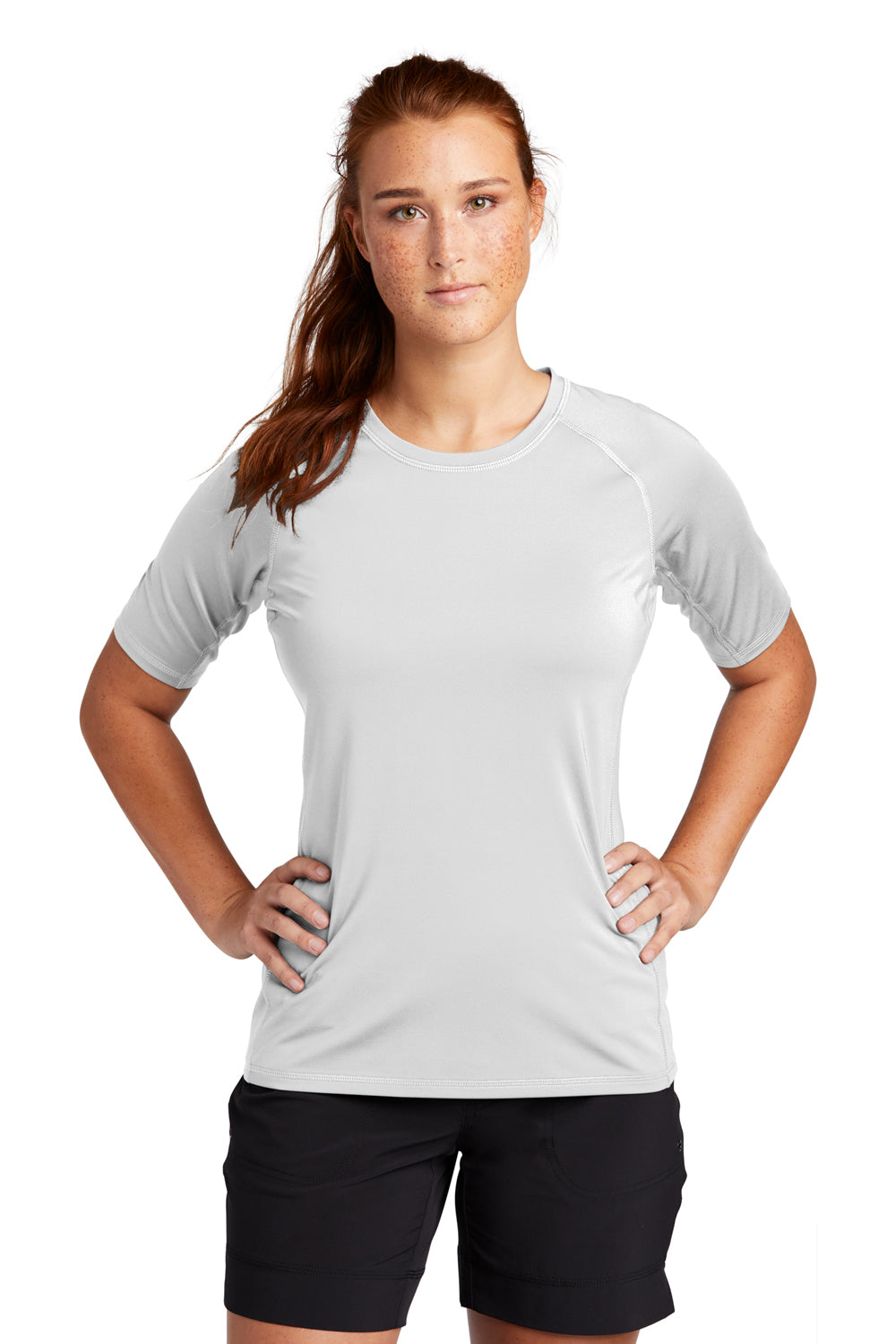 Sport-Tek LST470 Womens Rashguard Moisture Wicking Short Sleeve Crewneck T-Shirt White Model Front