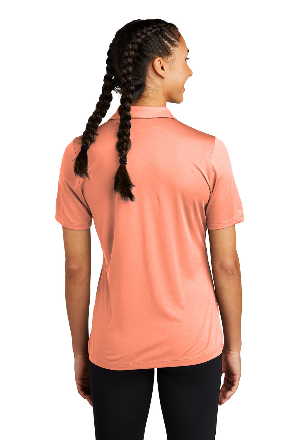 Sport-Tek LST520 Womens Moisture Wicking Short Sleeve Polo Shirt Soft Coral Orange Model Back