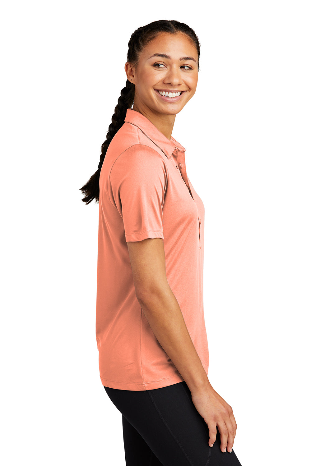 Sport-Tek LST520 Womens Moisture Wicking Short Sleeve Polo Shirt Soft Coral Orange Model Side