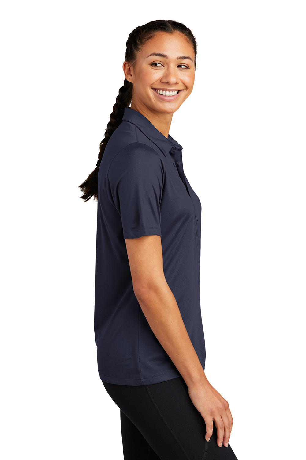 Sport-Tek LST520 Womens Moisture Wicking Short Sleeve Polo Shirt True Navy Blue Model Side