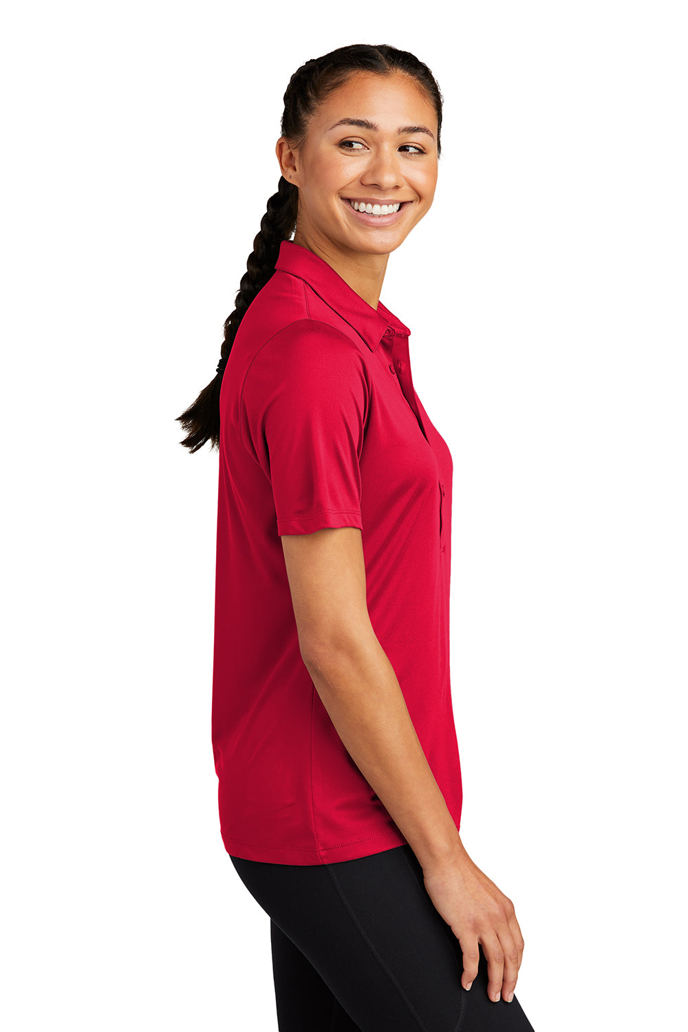 Sport-Tek LST520 Womens Moisture Wicking Short Sleeve Polo Shirt True Red Model Side