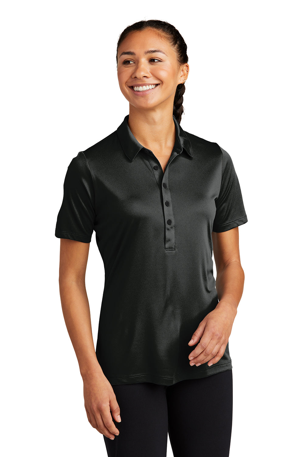 Sport-Tek LST520 Womens Moisture Wicking Short Sleeve Polo Shirt Black Model Front