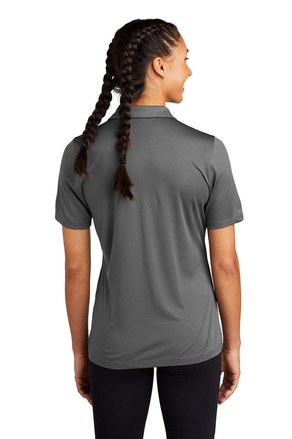 Sport-Tek LST520 Womens Moisture Wicking Short Sleeve Polo Shirt Dark Smoke Grey Model Back