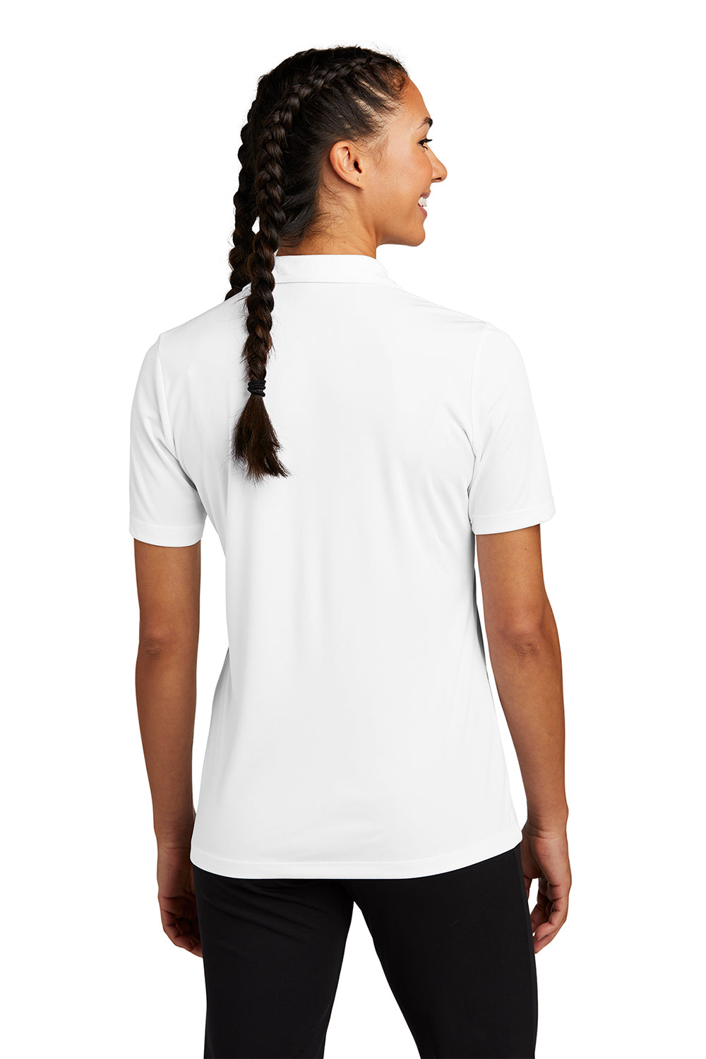 Sport-Tek LST520 Womens Moisture Wicking Short Sleeve Polo Shirt White Model Back